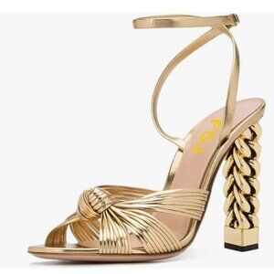 FSJ Knot Gold Metal Chain Thick High Heel Sandals Open Toe Slingback Dress Shoe
